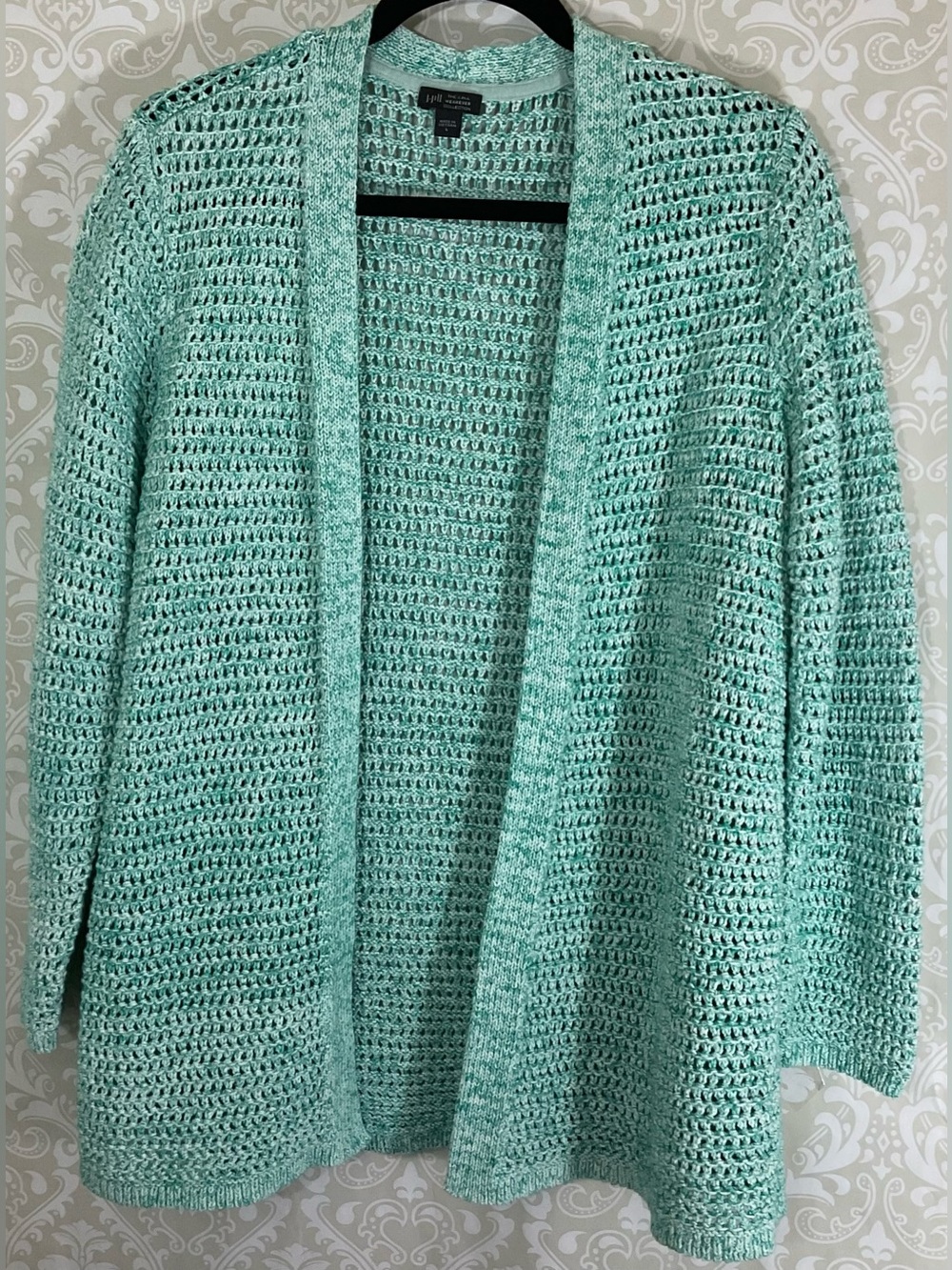 J. Jill Women’s Mint Green Open-Weave Crochet Cardigan Classic Open Front